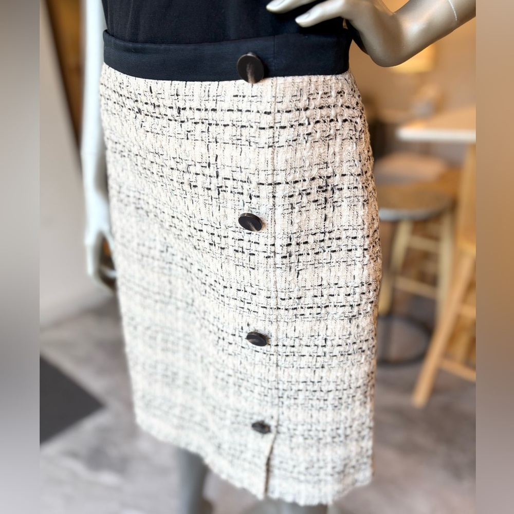 Tweed Skirt Black Contrasting Banded Waist & black button trim